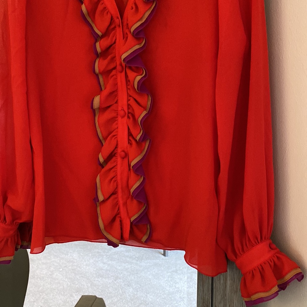 Sheer Button Up Red Blouse, Tiered Ruffle Multi-C… - image 3
